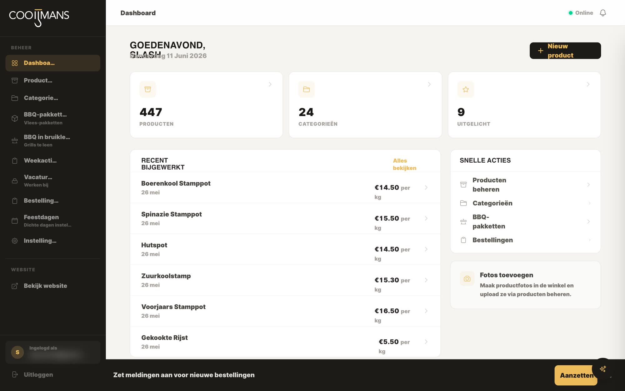 Dashboard van de beheeromgeving met productaantallen en snelle acties