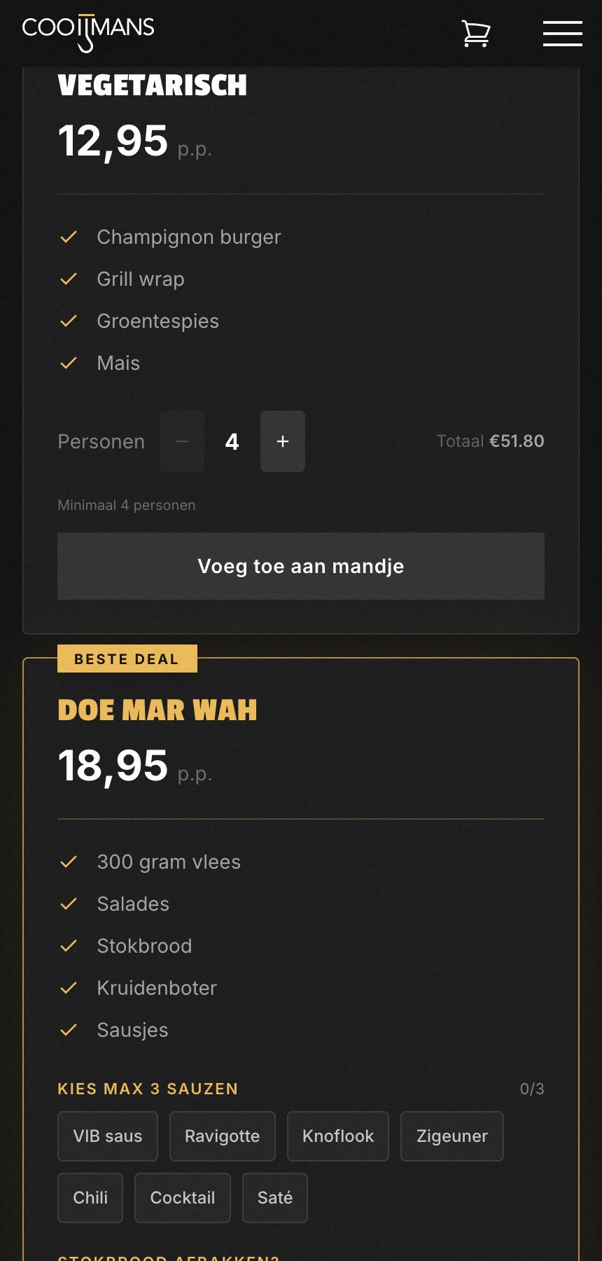 Pakket samenstellen met sauzen in de webshop op telefoon