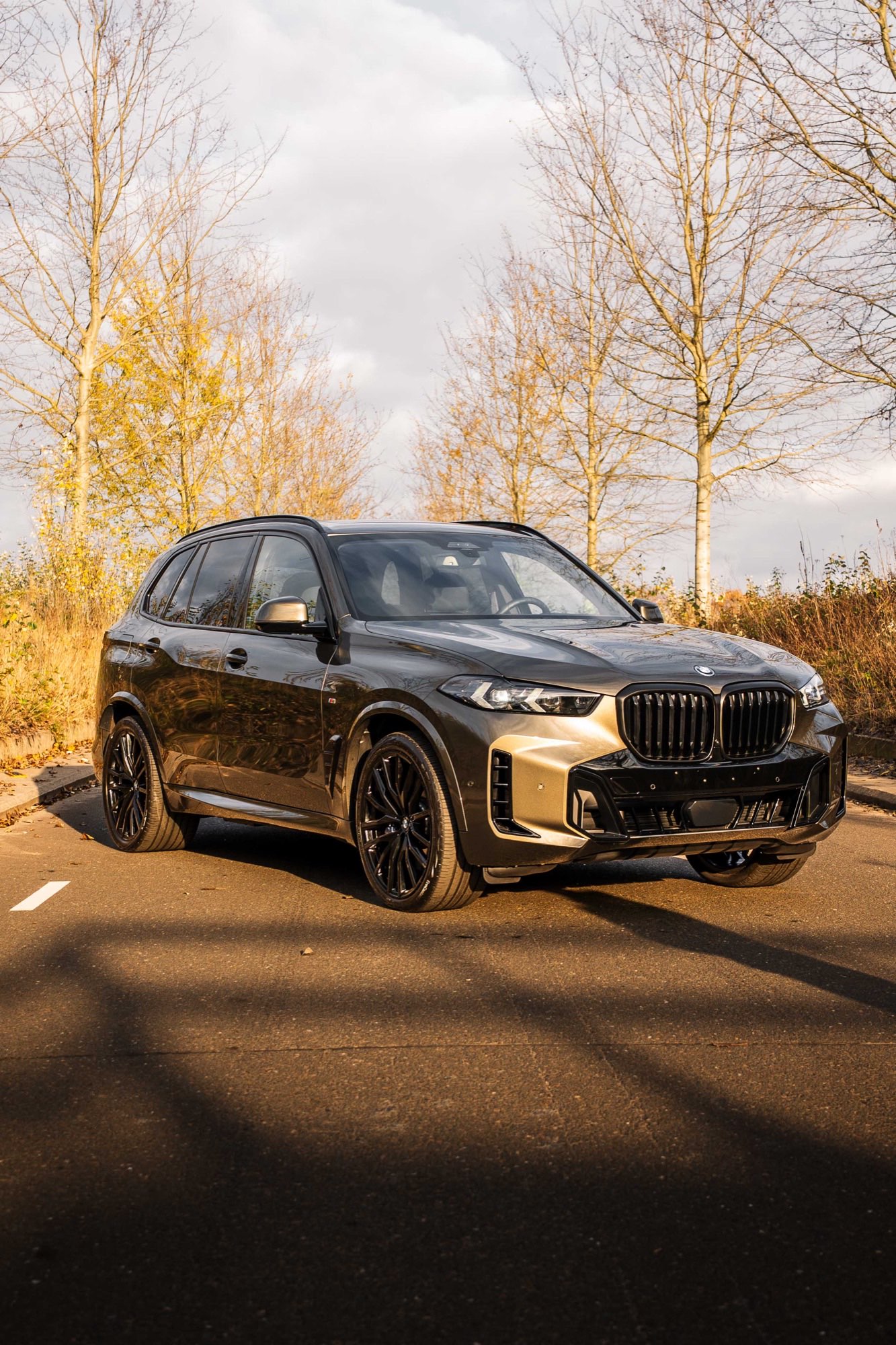 Donkergroene BMW X5 frontaal geparkeerd op de weg tussen de bomen