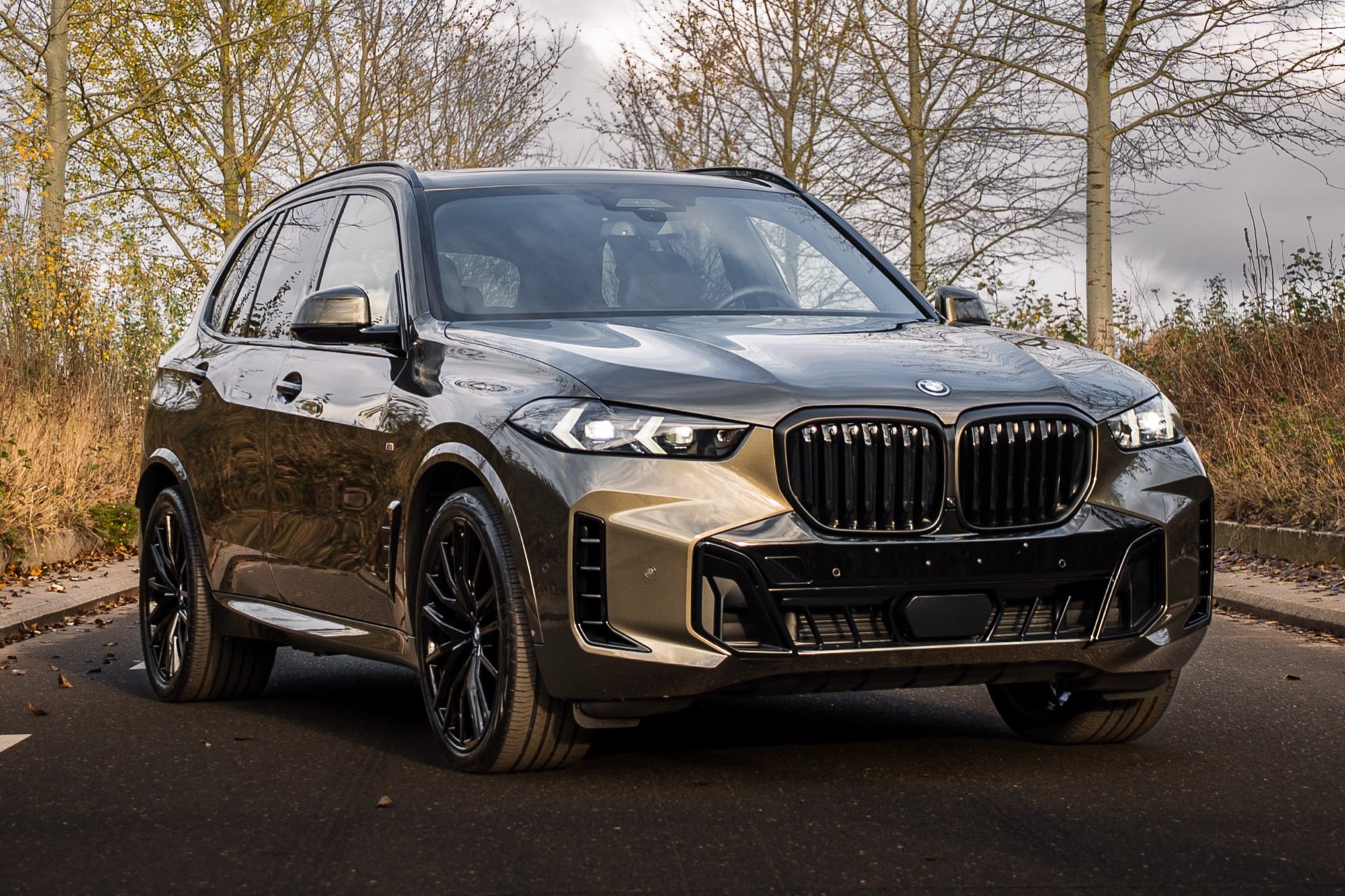 Donkergroene BMW X5 driekwart vooraanzicht langs de weg