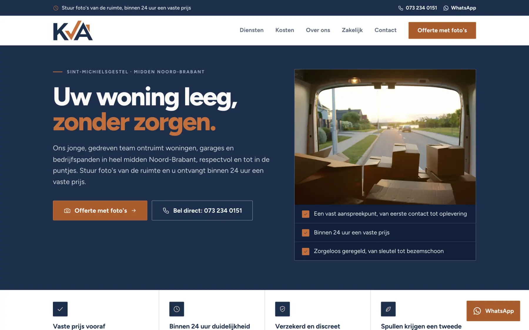 Homepage van kvaontruimingen.nl op desktop