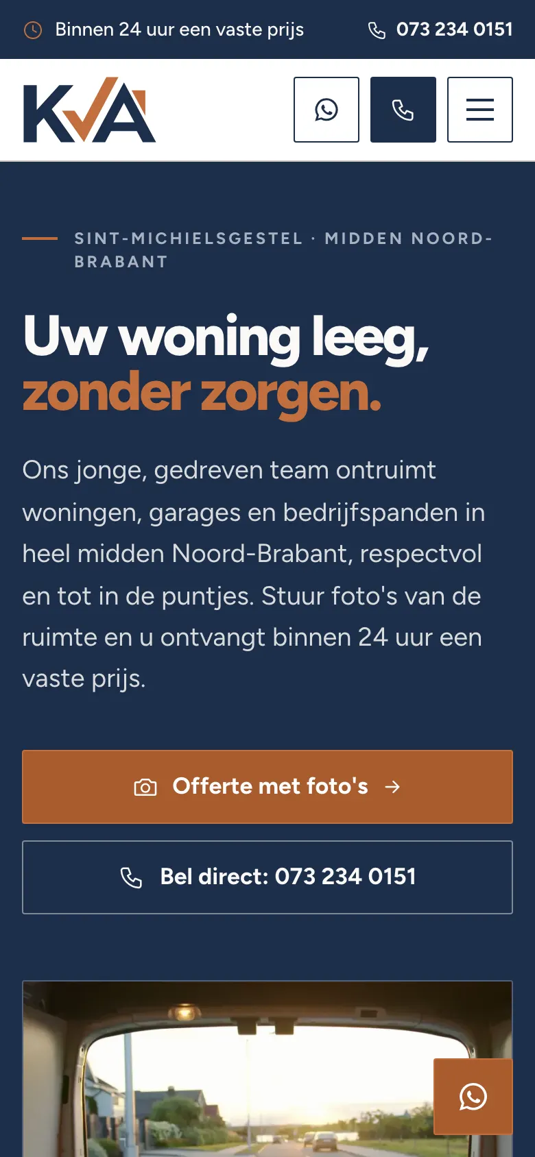 Homepage van kvaontruimingen.nl op telefoon
