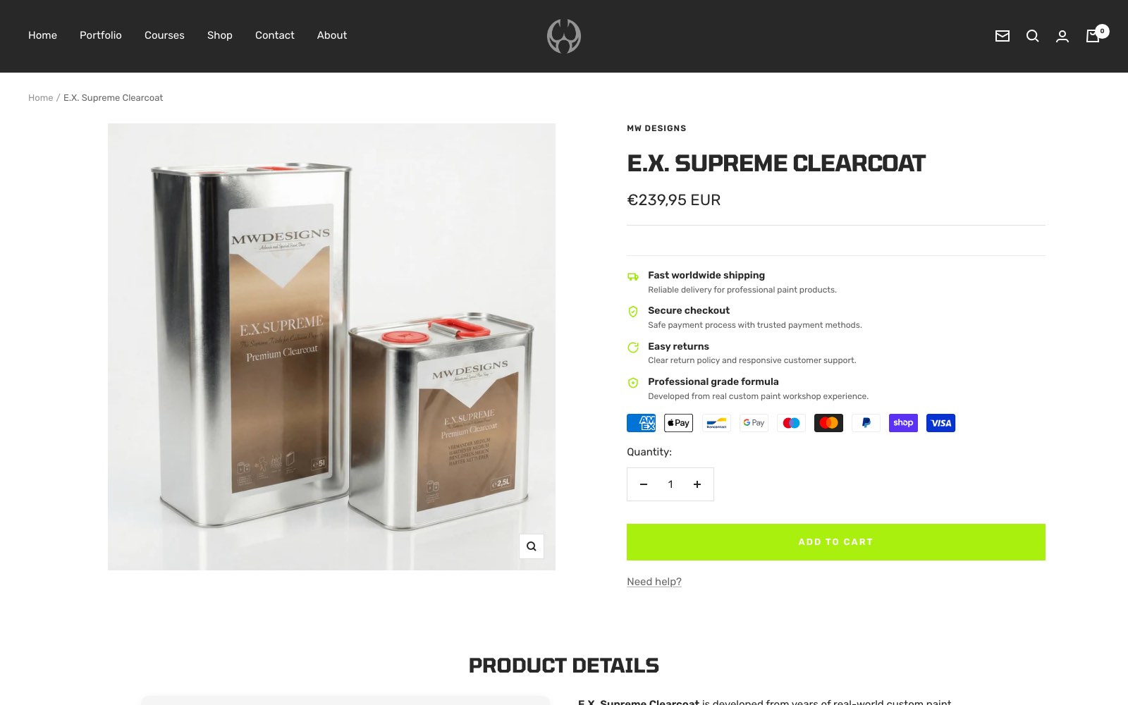 Productpagina van de E-X Supreme Clearcoat in de webshop op desktop