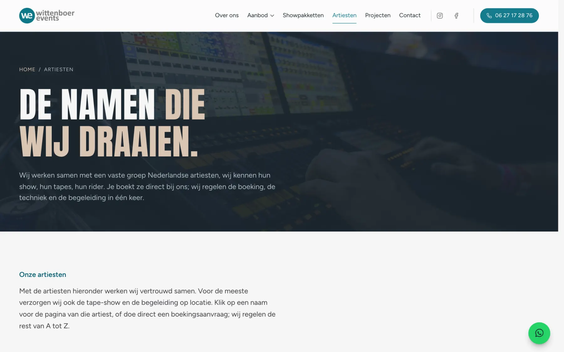 Pagina Artiesten op desktop
