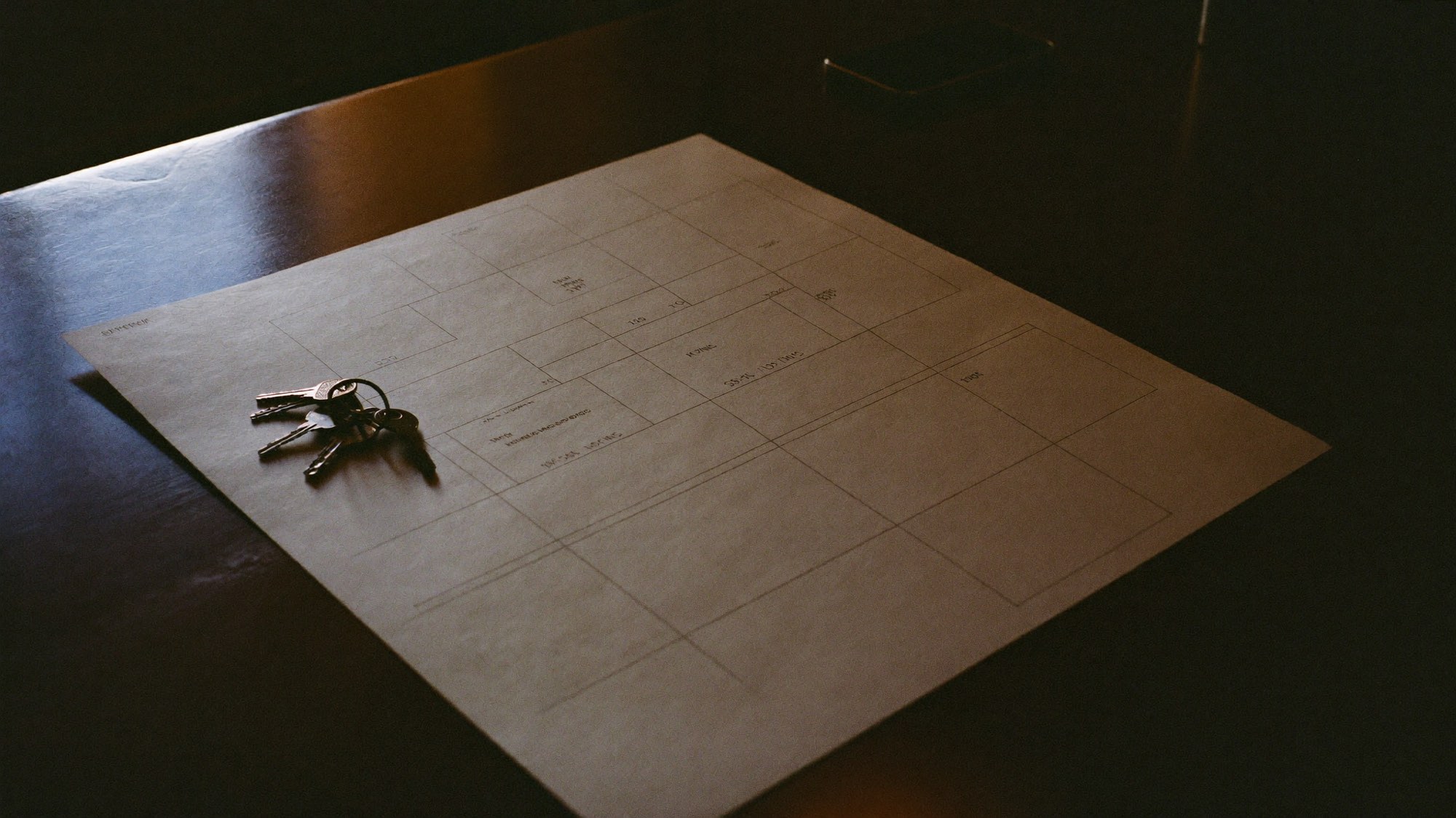 Plattegrond en sleutels op tafel bij het inplannen van een opname